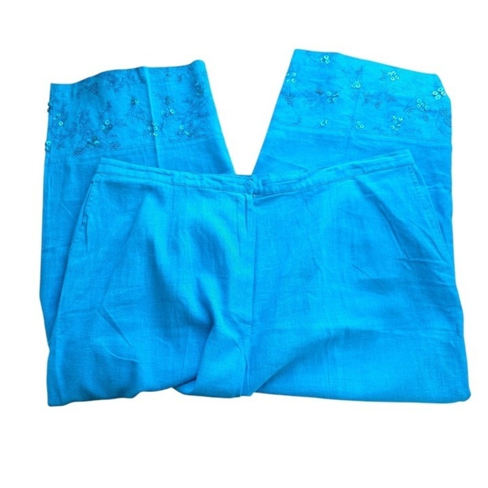 Sag Harbor Crop Pants Womens 22W Blue Linen Blend Embroidered Sequin Capri